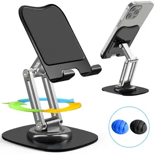 Phone Stand with 2 Cable Organizer, Adjustable Foldable Desktop Cell Phone Holder Stand, 360 Degree Rotating Phone Stand for Recording Compatible with iPhone 16 15 14 13 12 11 Pro, Black