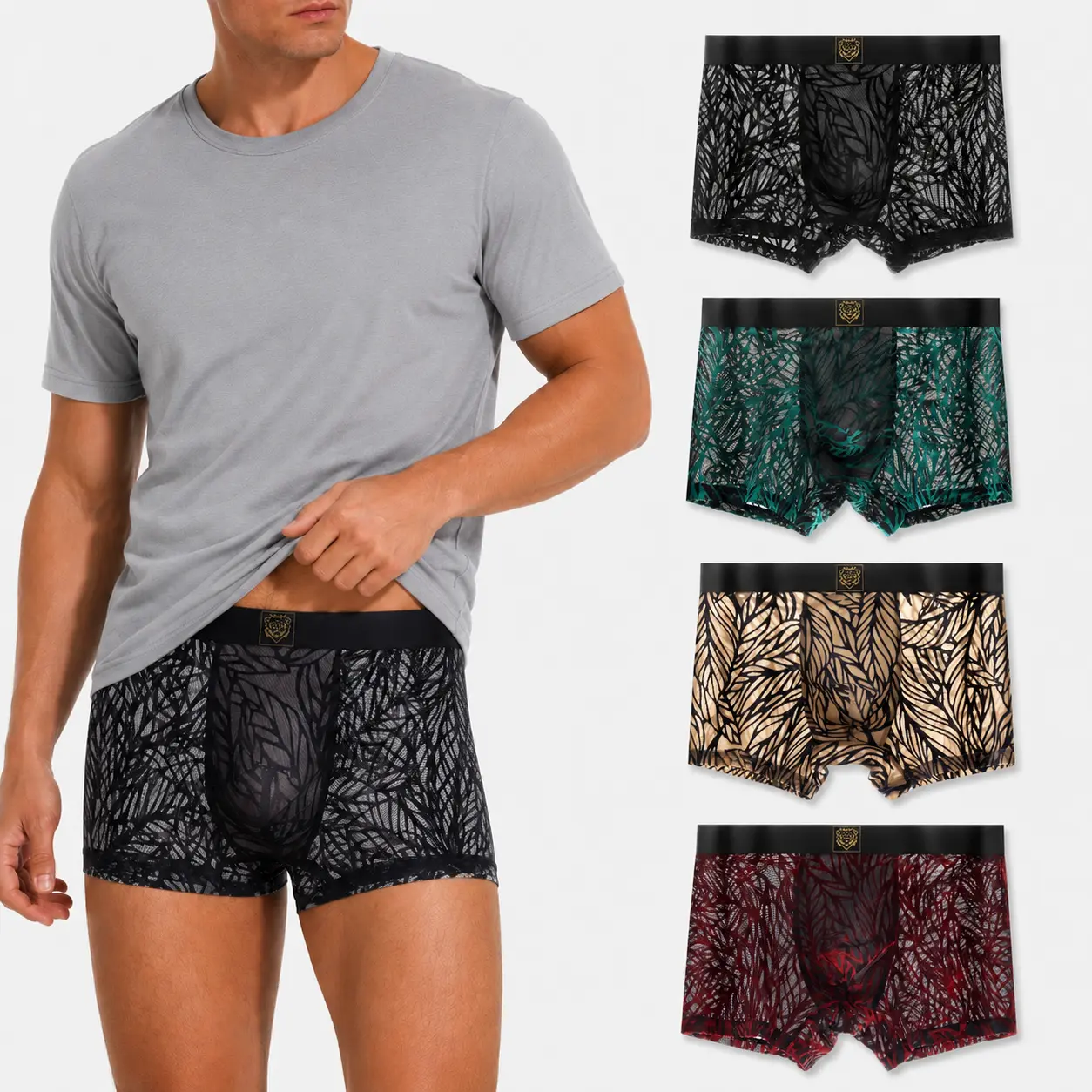 4-Pack-Men's Underwear Boxer Briefs Made of Premium Leaf Pattern Mesh Fabric, Breathable and Soft Moisture Wicking Men's Boxers, Supportive 3D U-Shaped Pouch with Wide Elastic Waistband, Jacquard Luxury See-Through Sheer Mesh Underpants Multipack,