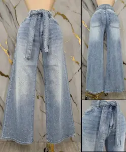 Celeste - High-Waisted Wide Leg Jeans with Rhinestone Decor Belt for Women's Fashion