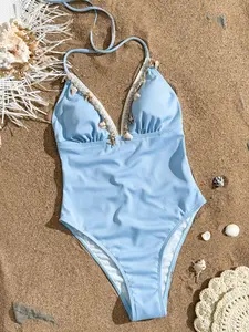 Light Blue Textured One-Piece Swimsuit, Deep V Neck, Shell and Starfish Decor, Stylish Bathing Suit for Women, Perfect for Beachwear