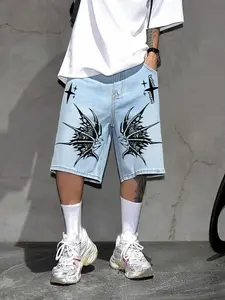 Men's and women's classic Gothic water-wash denim shorts, Bottom, wing-shaped and cross-stitch prints, wide-leg distressed jeans, urban style, five-pocket pants, minimalist Gothic look