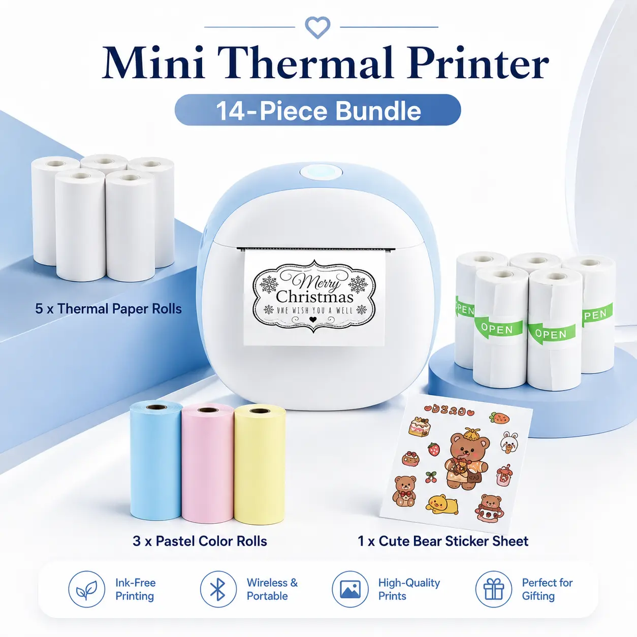Mini Thermal Printer with 14-Piece Paper & Sticker Bundle, Bluetooth Inkless Pocket Printer, 200 DPI Portable Sticker Printer for Notes, Labels, Journaling and Photos, Compatible with iOS & Android, Pink or Blue