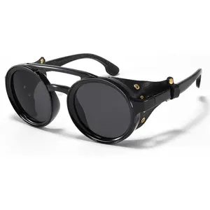 Polarized Round Steampunk Sunglasses with Leather Side Double Bridge Shield Retro Eyewear for Men Women