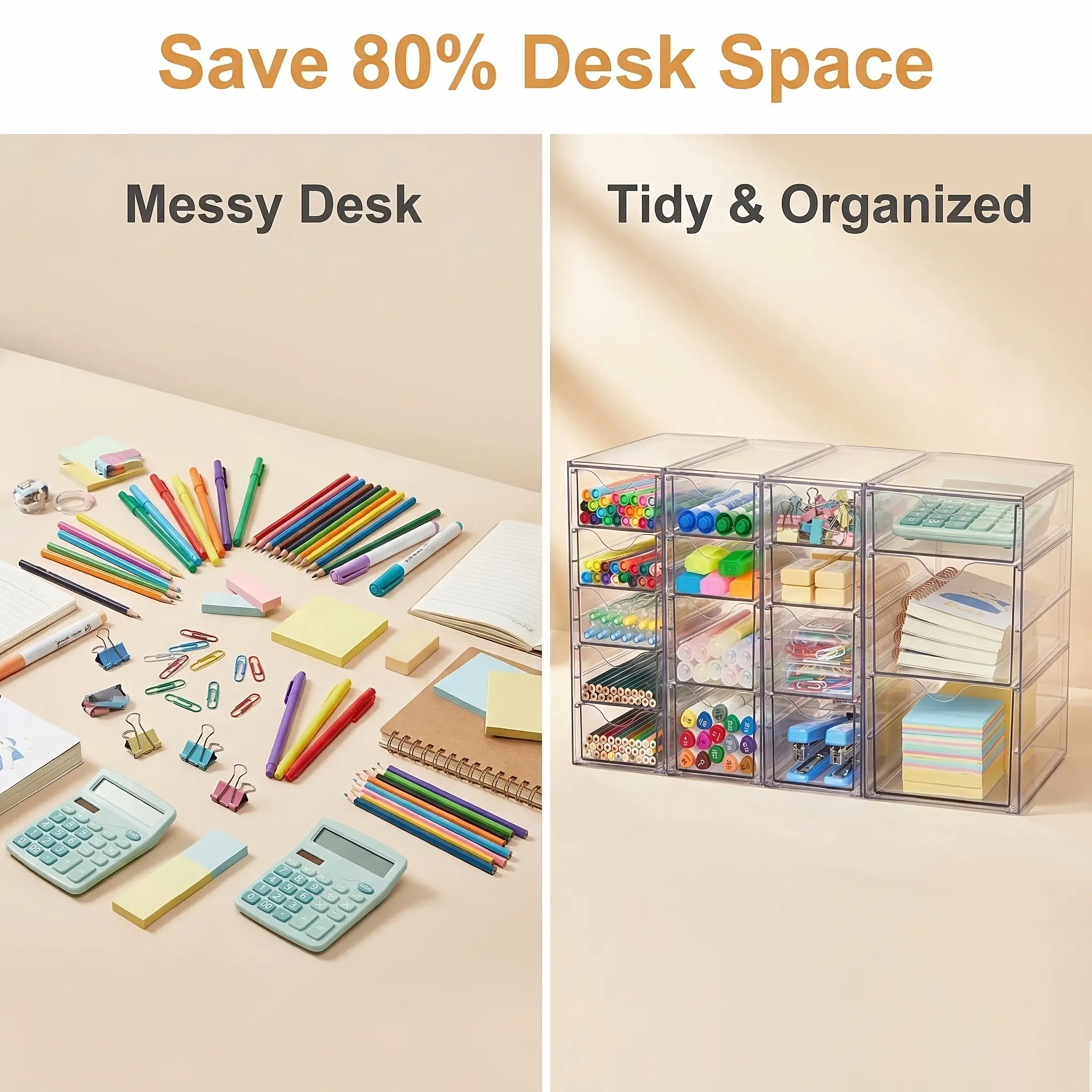 Acrylic Organizer with 8 Drawers (2 Set)/16 Drawers (4 Set), Clear Storage Drawers for Office Supplies, Desk Organization And Storage for Makeup, Jewelry, Art Crafts, Desk & Drawer Organizer for Home Storage