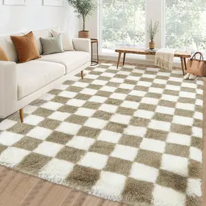 Checkered Area Rug Large Rug Thick Super Soft Shaggy Rugs Fluffy Carpet Fluffy Fuzzy Shag Washable Rugs for Living Room Nursery Bedroom Luxury Playroom Teen Plush Carpets,Taupe
