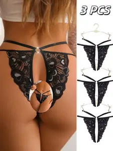 Women's Daily Underwear Thong Sheer Lace Panty Sexy Open-Crotch Comfortable Lingerie Heart Pattern Valentine's Day Underwear Set of 3