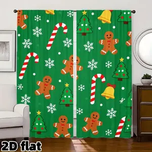 2D Flat 2Pcs Christmas Holiday Pattern Curtain with Gingerbread Candy Cane Bells Design, Green Background Festive Window Treatment, Semi Sunshade Rod Pocket Style for Living Room Bedroom Kitchen Decoration, Christmas Home Decor