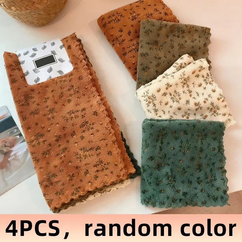 4pcs Flower Dishwashing Towels, Quick Drying Cleaning Cloths, Thickened & Widened Kitchen Towels, Soft & Breathable, Absorbent Washable, Reusable