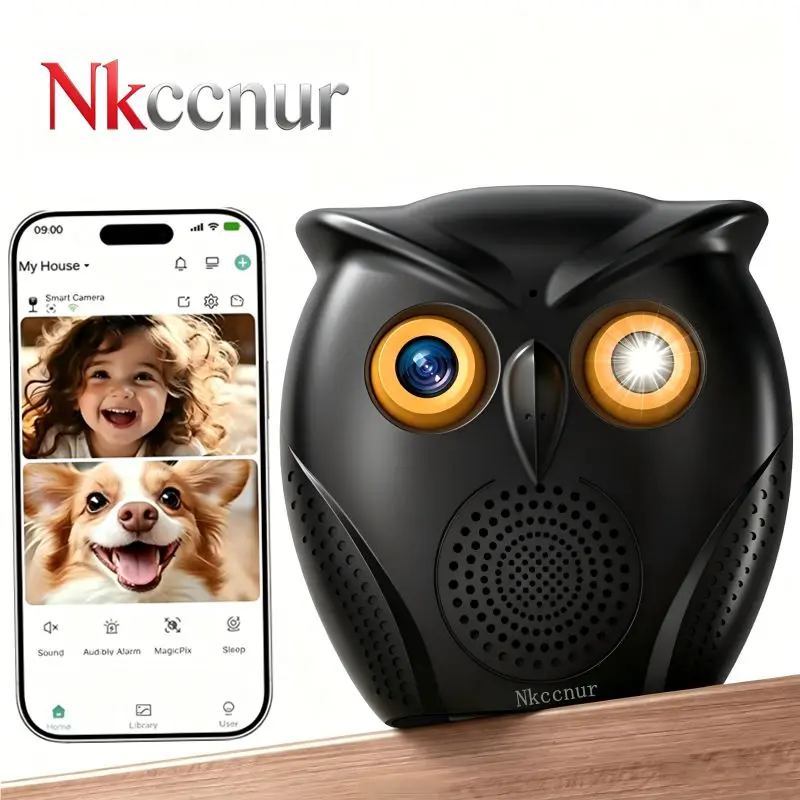 NKCCNUR Indoor Owl Camera – 2.5K QHD, Night Vision, 2‑Way Audio, App Control, Cute Home/Pet Monitor.