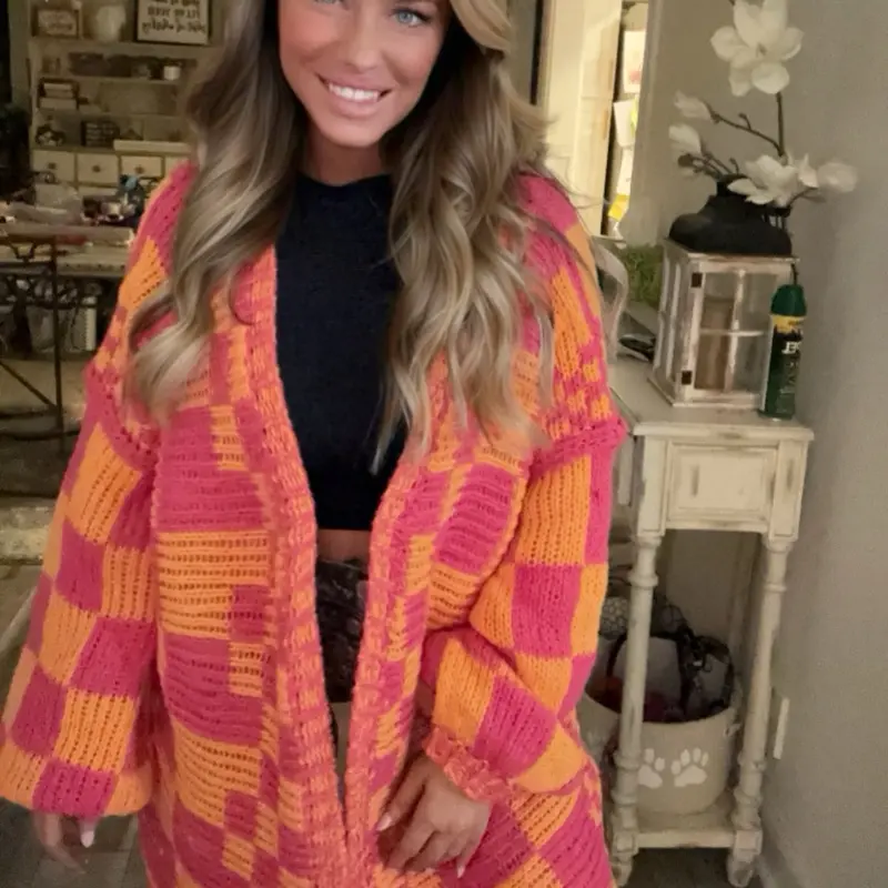 Oversized Chunky Fuschia & Mustard Checkered Open Cardigan for Women - Stylish & Cozy Knitwear