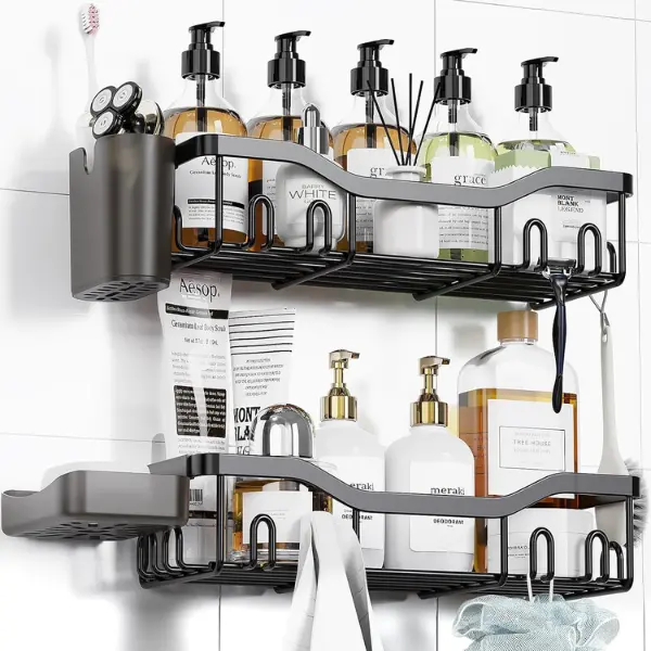 Rustproof Stainless Steel Shower Caddy Adhesive Shower Organizer with Soap Dish, 16 Hooks, 2 Shower Caddies, 1 Toothbrush Holder, 2 Adhesives, 8 Hooks