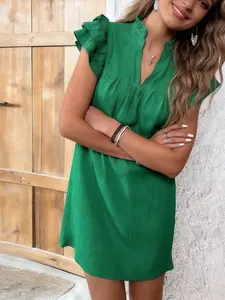 A women's solid color fashionable casual multi-layer ruffled sleeve V-neck pullover dress, suitable for summer, daily casual wear, vacations, dates, gatherings, and othr occasions, Casual Classy Dress