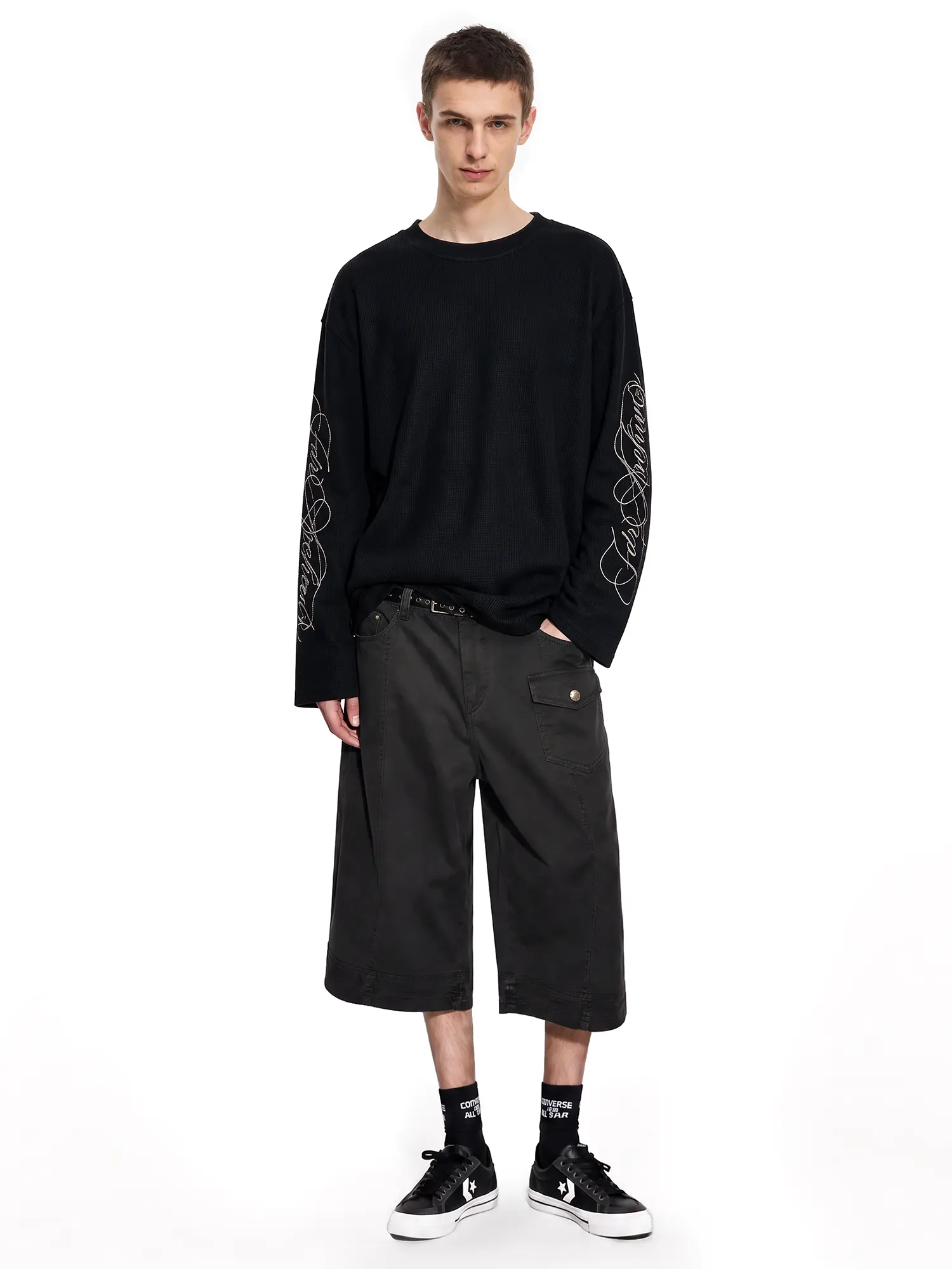 FDR Women’s Waffle Knit Embroidered Crewneck Long Sleeve Sweatshirt, Script Letter Embroidery Casual Pullover for Everyday Streetwear