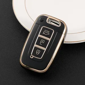 Exquisite Car Key Case Gold-Edged TPU Car Key Cover Three-Button Design Scratch-Resistant & Wear-Resistant Car Key Accessory Car Interior Accessory Perfect Companion Gift Car Key Protector Compatible with Hyundai Elantra, Sonata 2008 & 2012 ix35, Kia K2