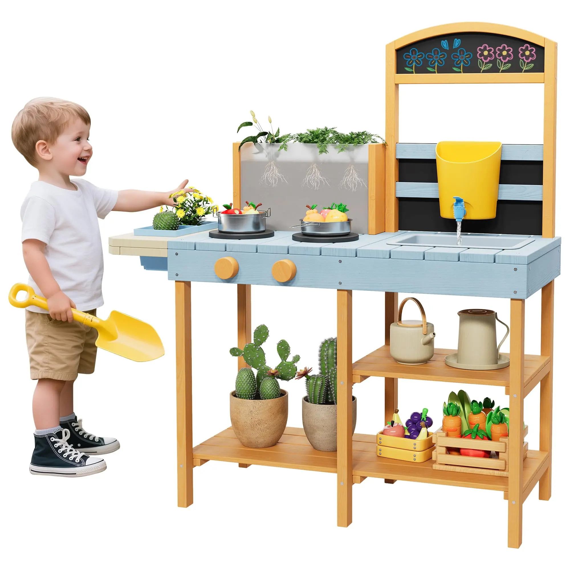 GAOMON Outdoor Wood Mud Kitchen for Kids, Wooden Play Kitchen w/See-Through Planter Box, Removable Sink & Faucet, Chalkboard, Storage Shelves＆Pretend Stove, Toddler Playset for for Children Ages 3+