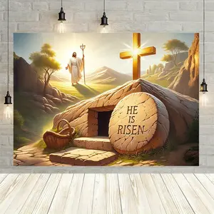 1PC,2D Flat Easter Jesus - Themed Backdrop, Christian Religious Decor Banner, "He Is Risen" Scene - Setting Curtain, Suitable For Church Activities, Family Gatherings, Festival Decor, Photograp