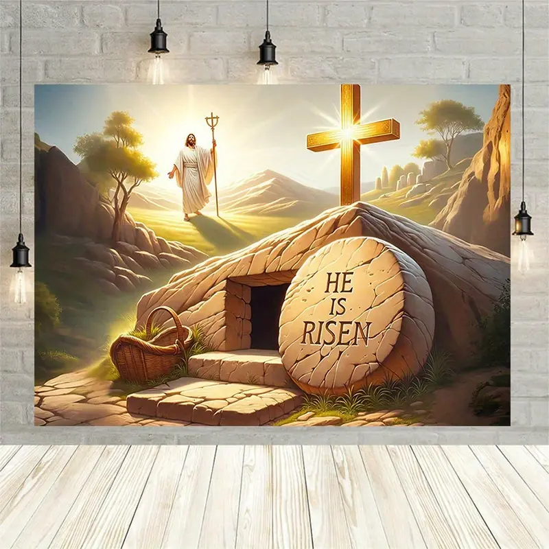 1PC,2D Flat Easter Jesus - Themed Backdrop, Christian Religious Decor Banner, "He Is Risen" Scene - Setting Curtain, Suitable For Church Activities, Family Gatherings, Festival Decor, Photograp, Decor Items, Birthday,summerwins