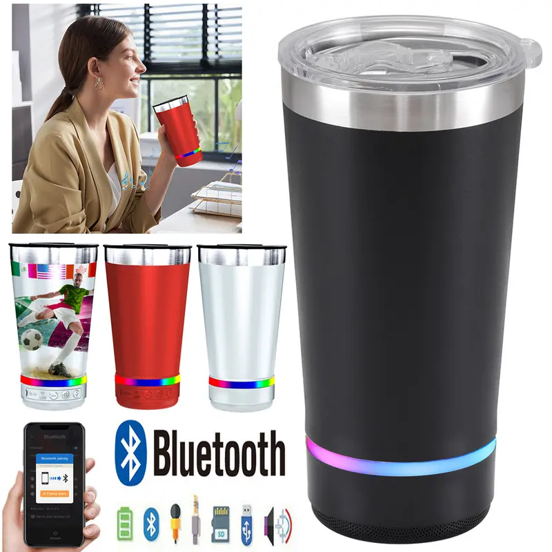 16oz Stainless Steel Portable Insulated Travel Tumbler Mug - Built-in Bluetooth Speaker, 2-Way USB/TF Playback, Rechargeable Multi-Color LED Party Lights, FM Radio, Daily Tough, Ideal for Home Use, Great Adult Gift