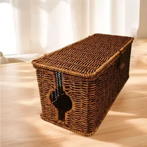 Cable Management Box Cord Organizer Box 14x6x6 Inch Rattan Cord Basket with Lid 2 Open Slots for TV Cables Computers Routers Power Cords to Hide and Organize Living Room Bedroom Office