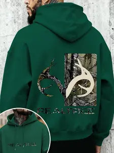 Men's Fall Winter Outdoor Camo Graphic Print Hoodie, Realtree Logo Design, Drawstring Pocket, Fitted Casual Sweatshirt, Multiple Colors