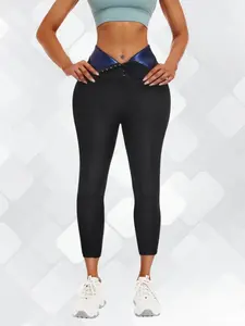 Women's Solid Hook & Eye Closure Front Sauna Pants, High Waist Compression Slimming Leggings, Workout Body Shaper, Women's Sauna Pants for All Seasons, Gym Clothes