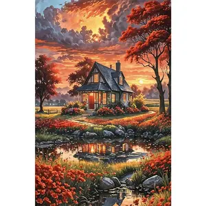1PC 5D diamond painting 2D flat printing DIY Diamond Painting Kit Sunset Cottage Landscape with Red Trees and Pond 5D Full Drill Embroidery Arts Craft for Home Wall Decor Gift for Adults and Kids