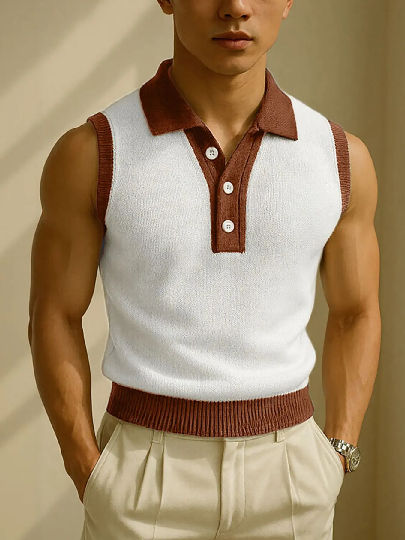 INCERUN Men's College Style Vest with Color Block Design, Tropical Trendy Casual Top for Everyday Fashion, Stylish Sleeveless Shirt, Breathable Sleeveless Vest