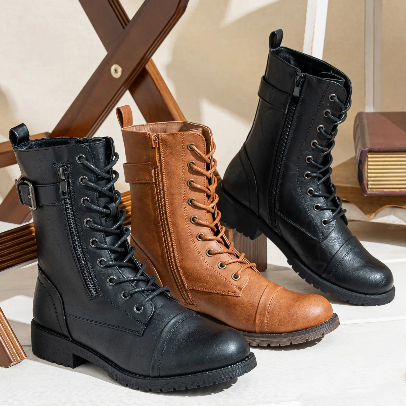 Vepose Women's Military Combat Boots Mid Calf Boots with Card Knife Wallet Pocket Girl Rubber Walking Shoes Footwear Lace Classic Cover Bota 929-Black