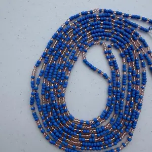Waistbead- Dream, soft matted blue and gold, very elegant for everyone 50-60 inches fits up to an 4Xl or 65-70 inches 5Xl and up