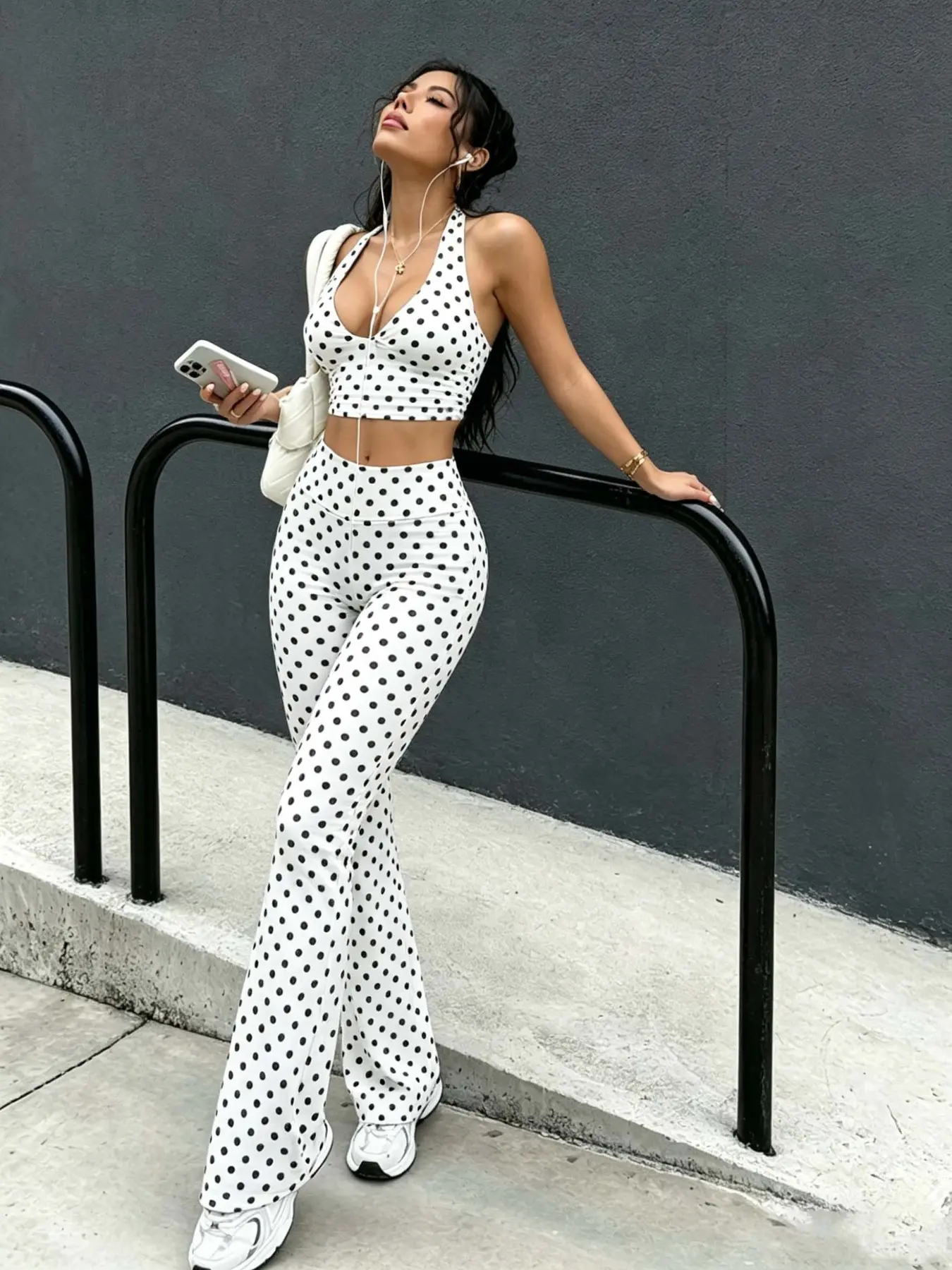 Women's 2 Piece Outfit, Matching Polka Dot Halter Crop Top, High Waist Flare Pants, Y2K Style, Sexy Deep V Neck, Sleeveless Cami Top, Bootcut Leggings