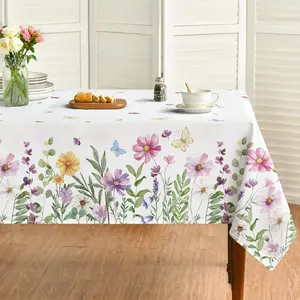 Spring Tablecloth 60x84 Inch, Wildflowers Floral Butterfly Washable Table Cover for Party Picnic Dinner Decor