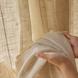 Japanese Style Pure Linen Semi-Sheer Striped Curtain, Lightweight Sunshade Light Filtering Drapes for Living Room Bedroom Balcony
