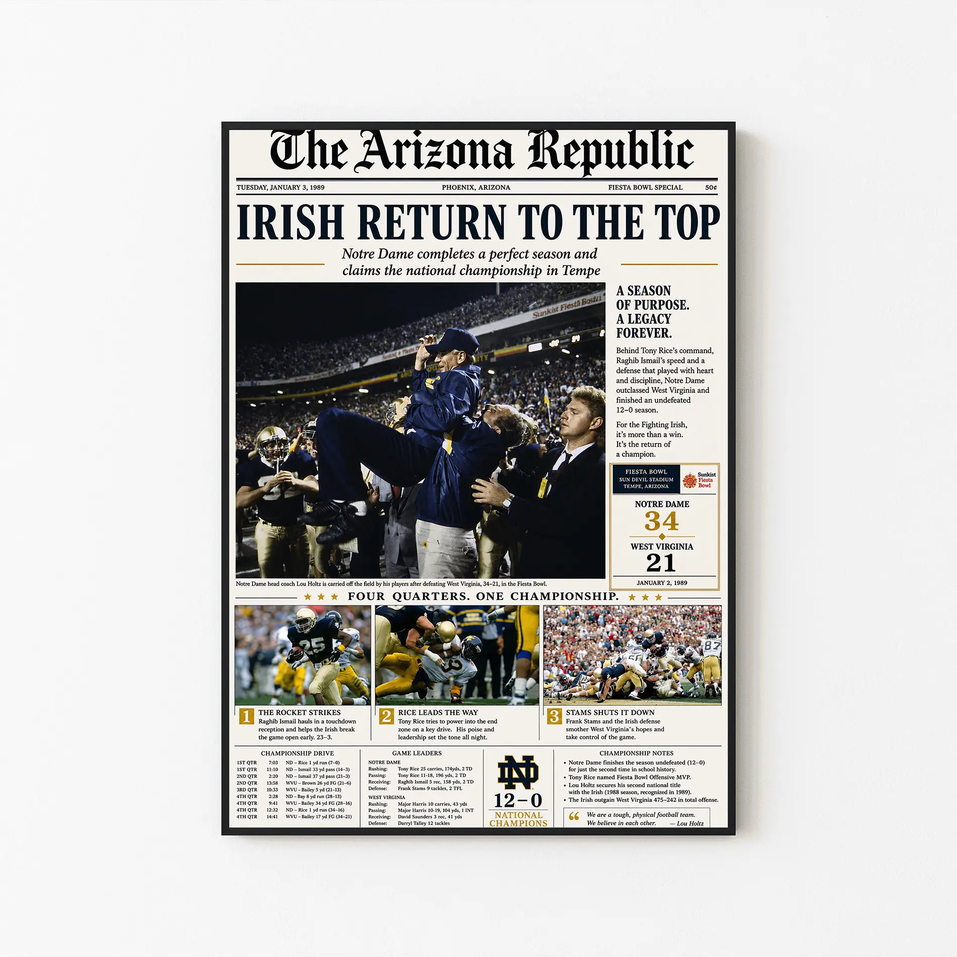 Unframed Print Only - 1988 Notre Dame Fighting Irish National Champions Newspaper Poster, Sports Wall Art