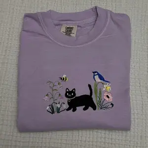 BLACK CAT Spring floral meadow cat dainty embroidered comfort colors shirt/ spring shirt/ comfort colors tee/ spring cat shirt
