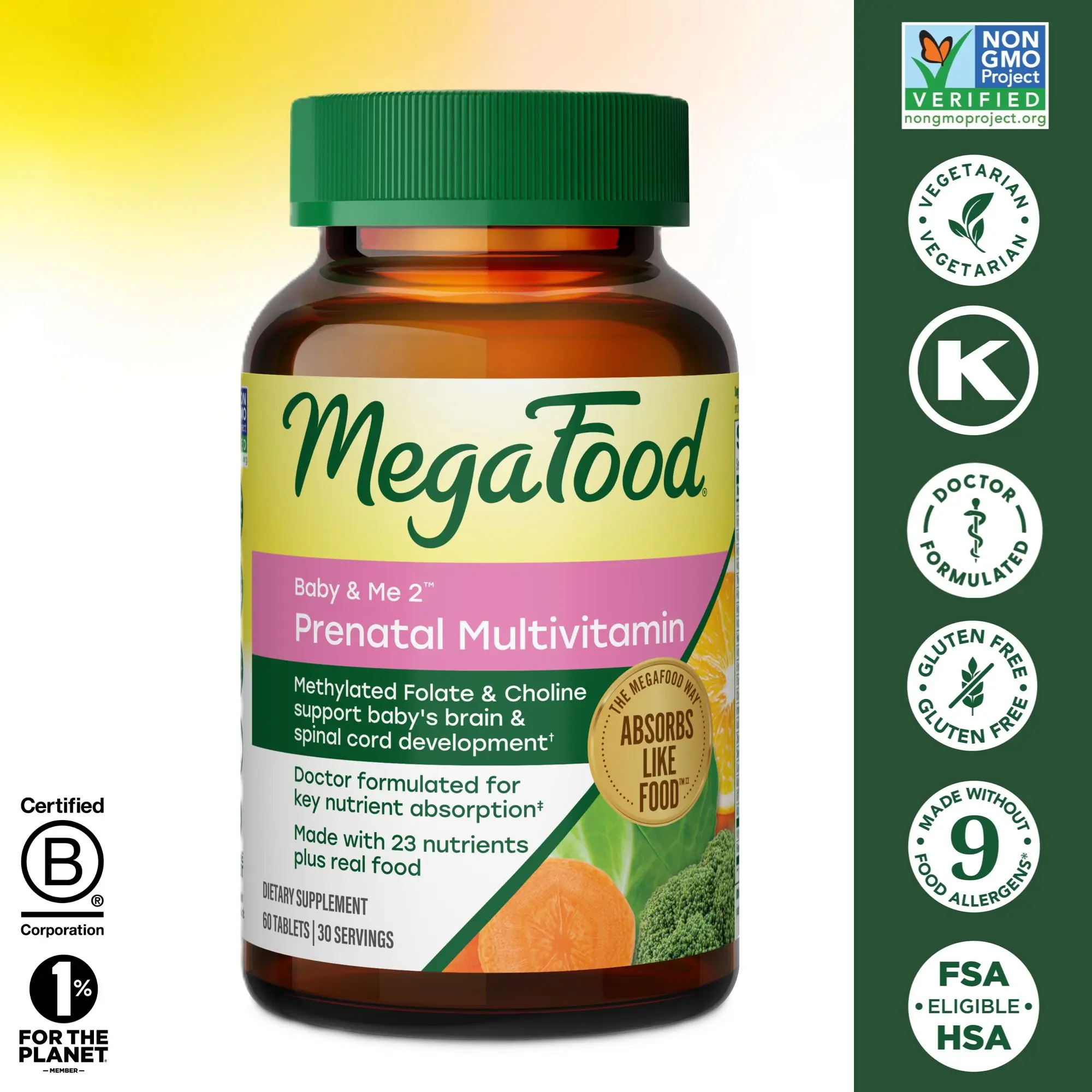 MegaFood Baby & Me 2 Prenatal Multivitamin - Doctor Formulated with Folate, Choline, Iron, & B12 for Optimal Pregnancy Nutrition. 30 Servings