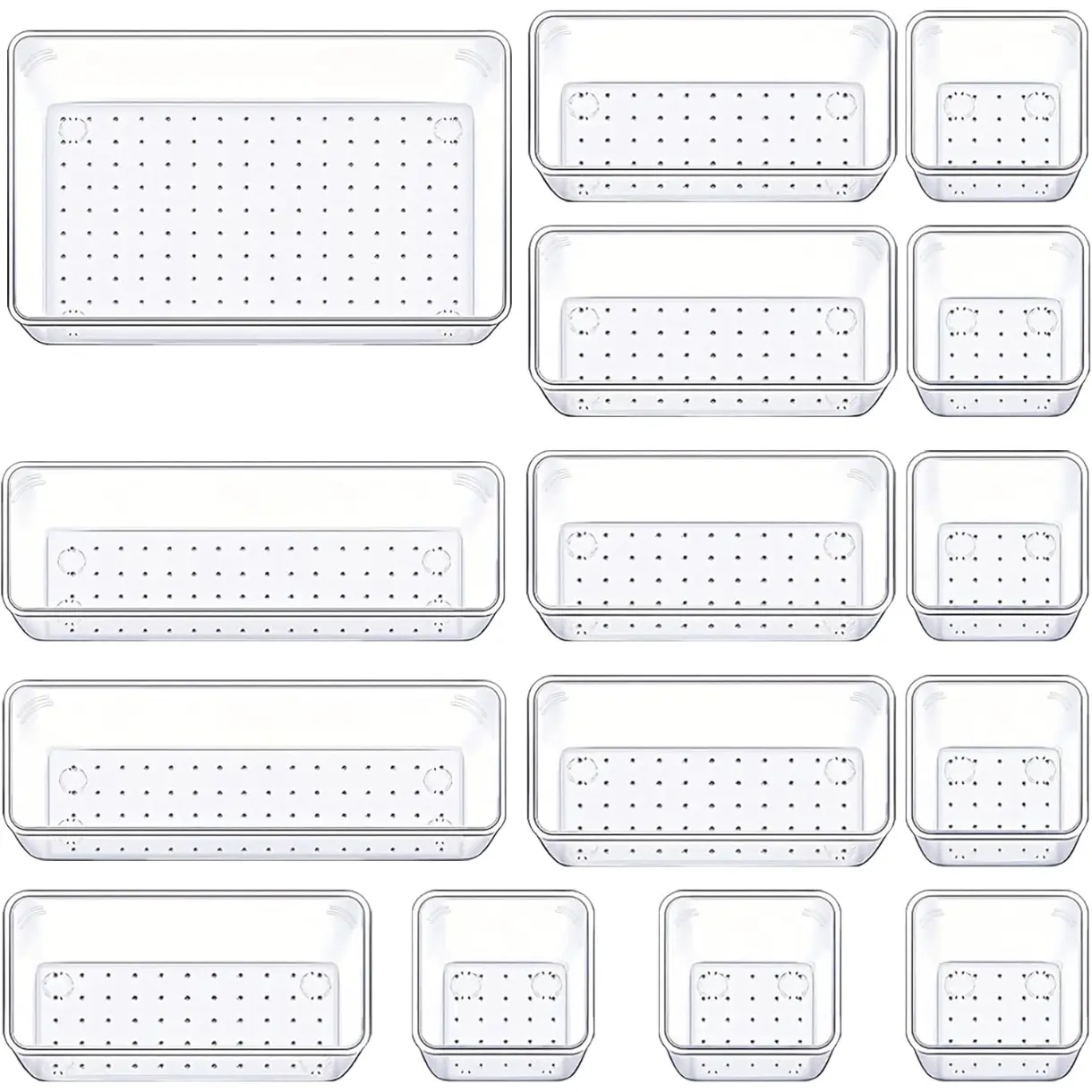 15 Pcs Clear Plastic Drawer Organizer, Makeup & Vanity Organizer | 4-Size Versatile Desk Organizer & Storage Bins for Kitchen, Bathroom, Office, Jewelries, Easy Clean, Stackable, BPA-Free