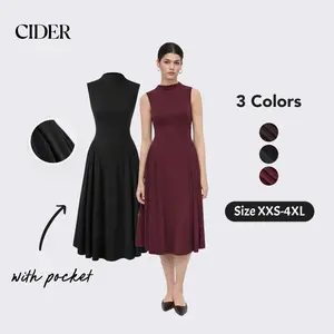 Cider High Neck Solid Ruffle Pocket Midi Dress - Fits Phone & Keys Womenswear Minimalist