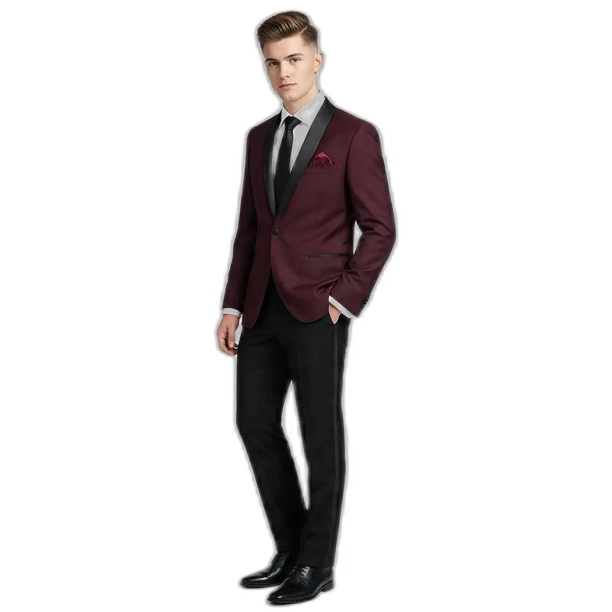 The Merlot – Burgundy Tuxedo + Black Necktie | Prom 2026