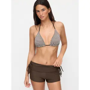 Cider Halter Neckline Gingham Triangle Top & Low Rise Bikini Bottom With Shorts 3 Piece Bikini Set