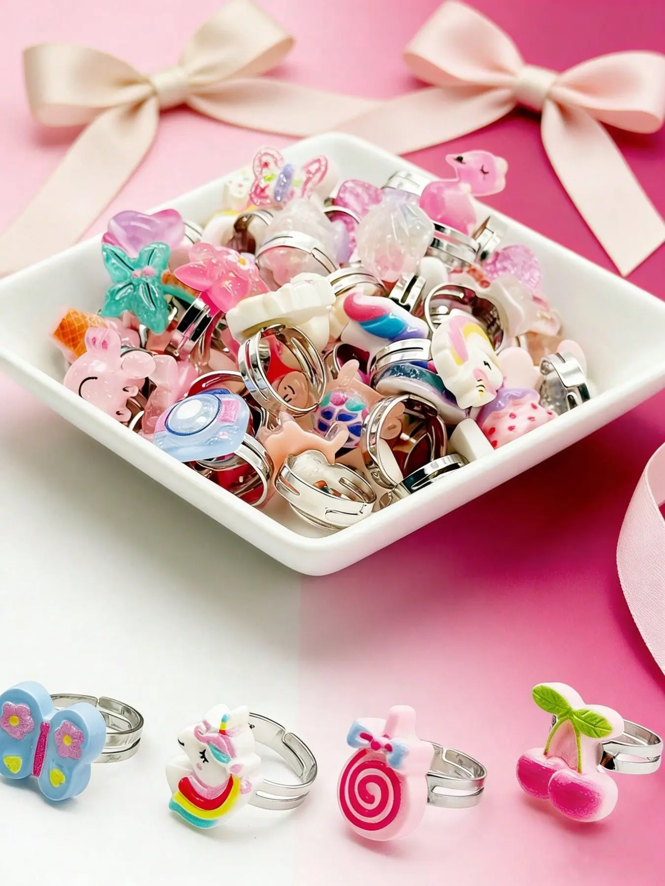 24/36Pcs Colorful Cartoon Resin Adjustable Ring, Cute Rings, Fun To Play With And Dress Up, Perfect As A Gift, Cute Designs (Unicorn, Rainbow, Mermaid, Butterfly, Beach Series) Random Color And Style