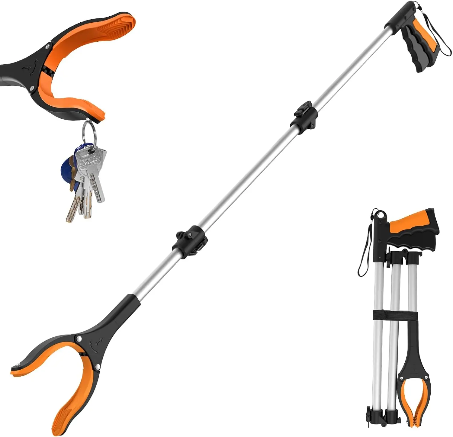 43" Extra Long Foldable Grabber Reacher Tool, Heavy Duty Mobility Aid for Seniors with Rotating Jaw, Magnets & 4" Wide Claw Opening, Garden/Trash Pickup Hardware Tool