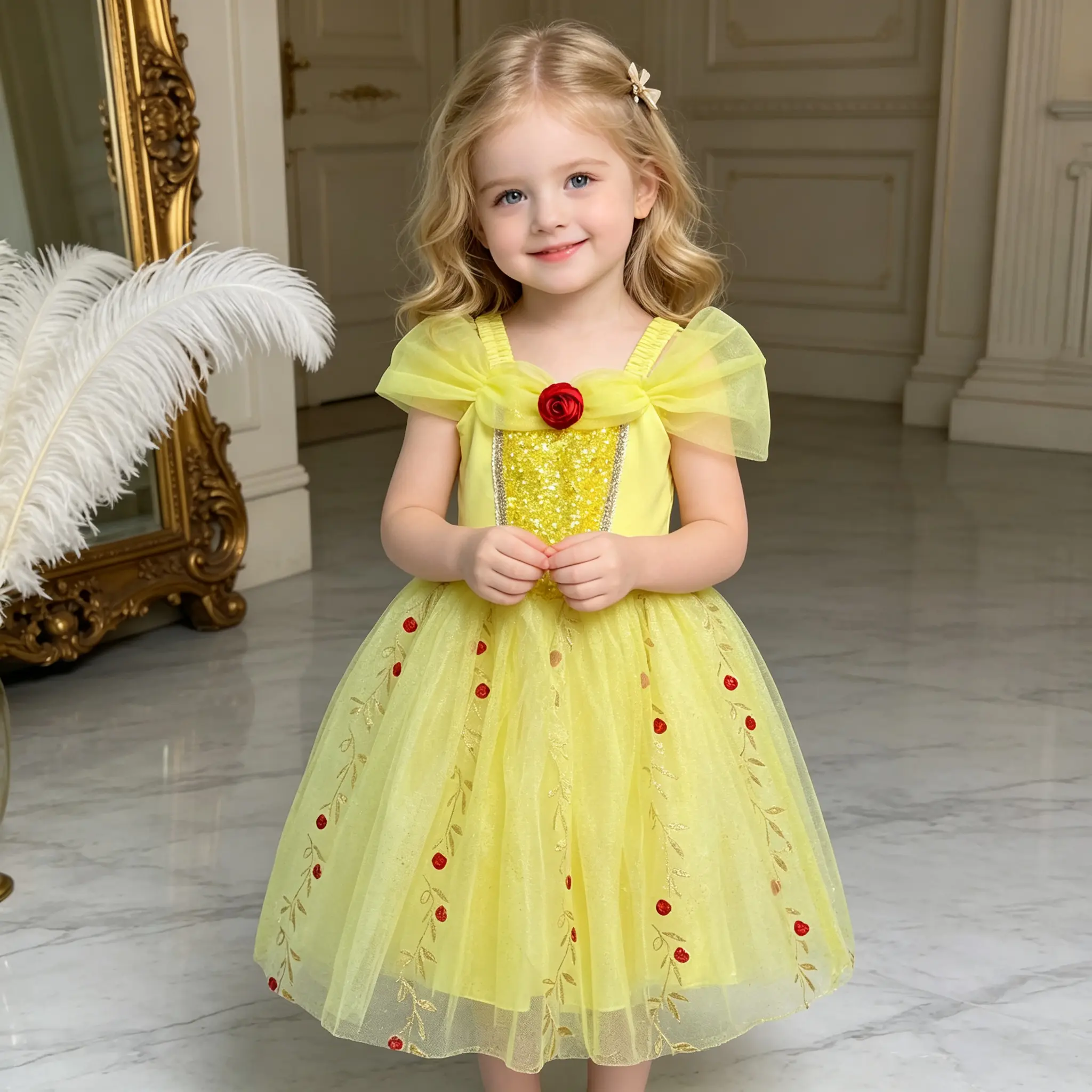 Girls Belle Princess Dress Yellow Tulle Costume Puff Sleeve Red Rose Embroidery Kids Beauty and The Beast Ball Gown for Birthday Party Halloween Dress Up
