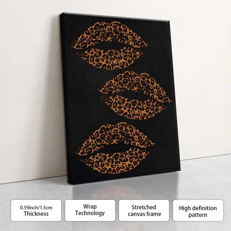Black Leopard Animal Print Lip Art Canvas Poster Wall Decor with Optional Frame, Modern Minimalist Home Accessory, Perfect Gift for Wild Enthusiasts, Suitable for Living Room Decorations, Kid Room, Wardrobe, Military, Leopard Print
