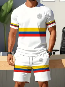 Men's Columbia Flag Color Stripe Soccer Print T-Shirt & Shorts Set, Casual Sportswear, Daily Wear, Loose-Fitting, All Seasons