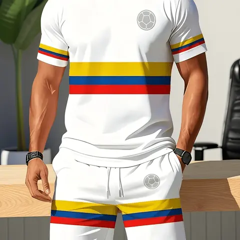 Men's Columbia Flag Color Stripe Soccer Print T-Shirt & Shorts Set, Casual Sportswear, Casual Sports Outfits, Leisure Sportswear, Athletic Clothes Set, Daily Wear, Loose-Fitting, All Seasons