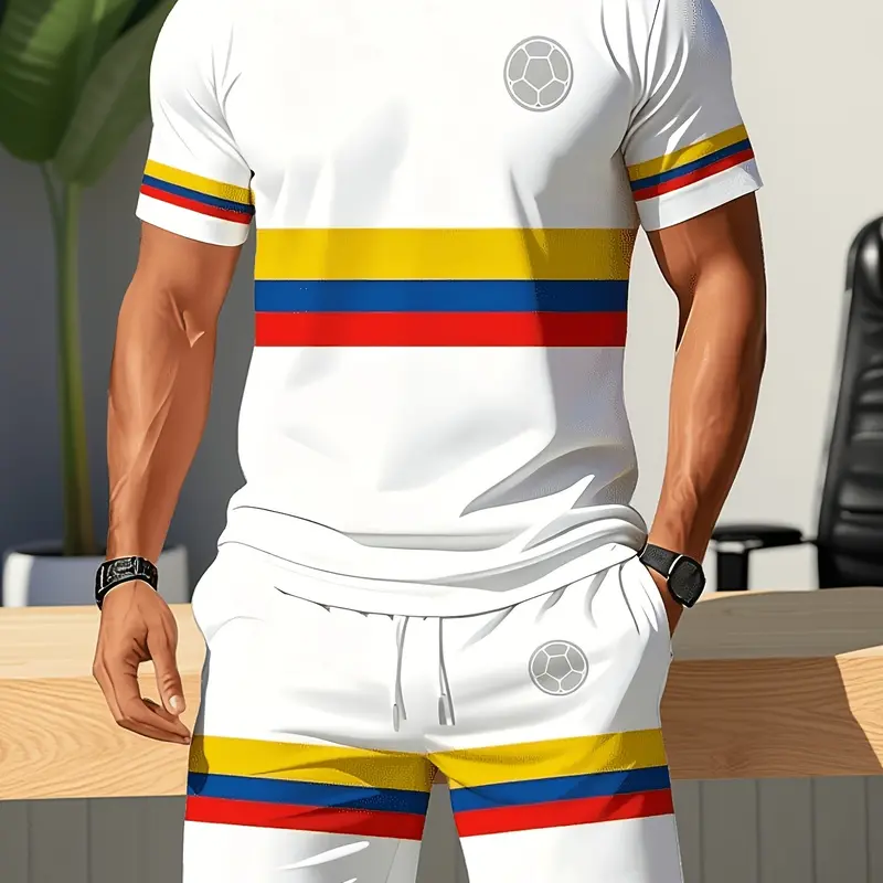 Men's Columbia Flag Color Stripe Soccer Print T-Shirt & Shorts Set, Casual Sportswear, Casual Sports Outfits, Leisure Sportswear, Athletic Clothes Set, Daily Wear, Loose-Fitting, All Seasons