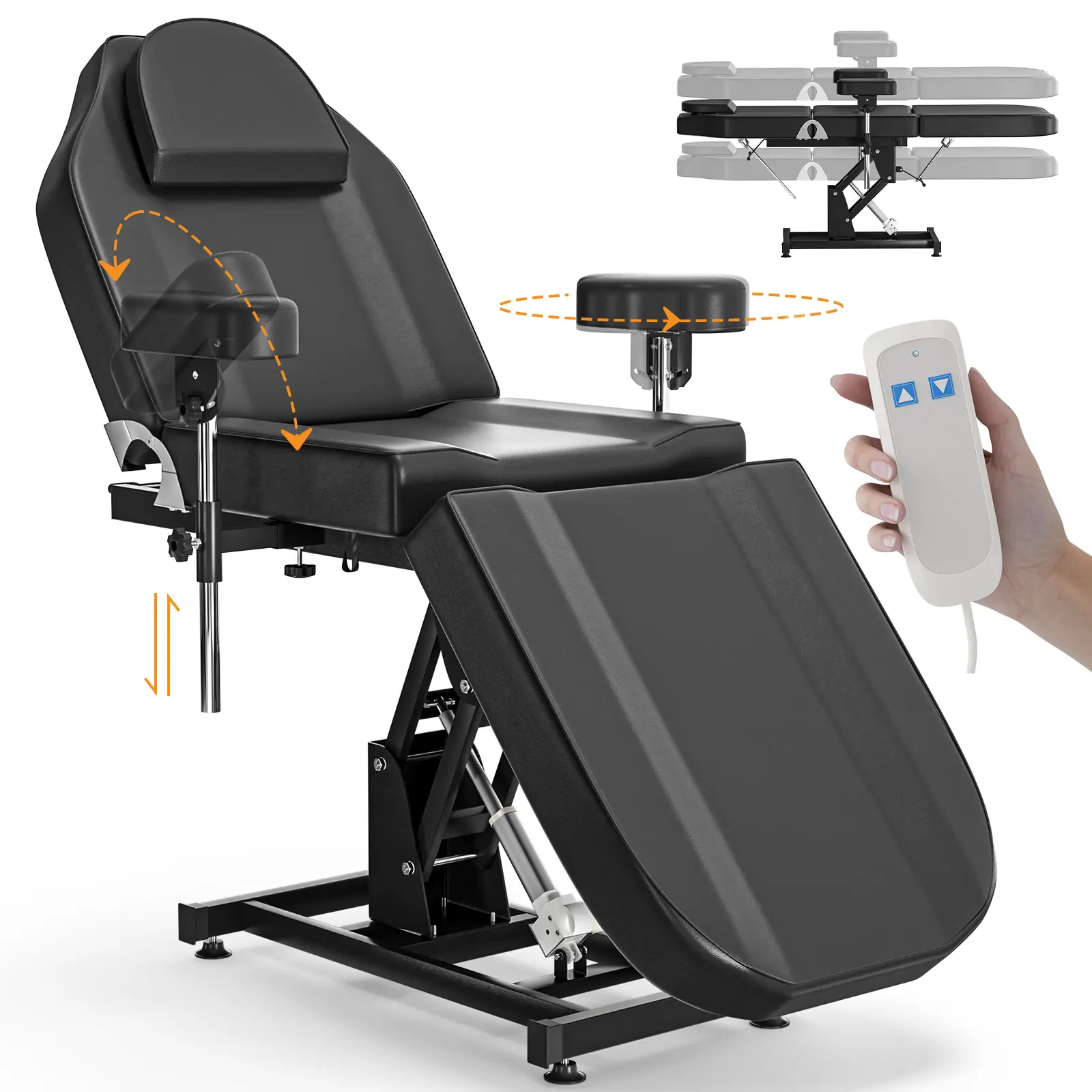Glam Adjustable Electric Tattoo & Barber Chair - Leather, Metal Frame, 500lbs Capacity, Removable Armrests & Headrest, Swivel, Non-Slip Footrests, Up to 65° Recline, Specialty Salon Furniture for Commercial Spa Esthetician Facials, Remote Adjust, Sturdy,,