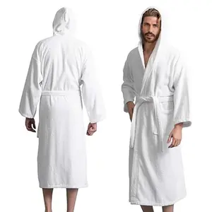 Men's Hooded Bathrobe  Cotton Terry Spa Style Bath Robe Absorbent Shower Lightweight Towel Bathrobes