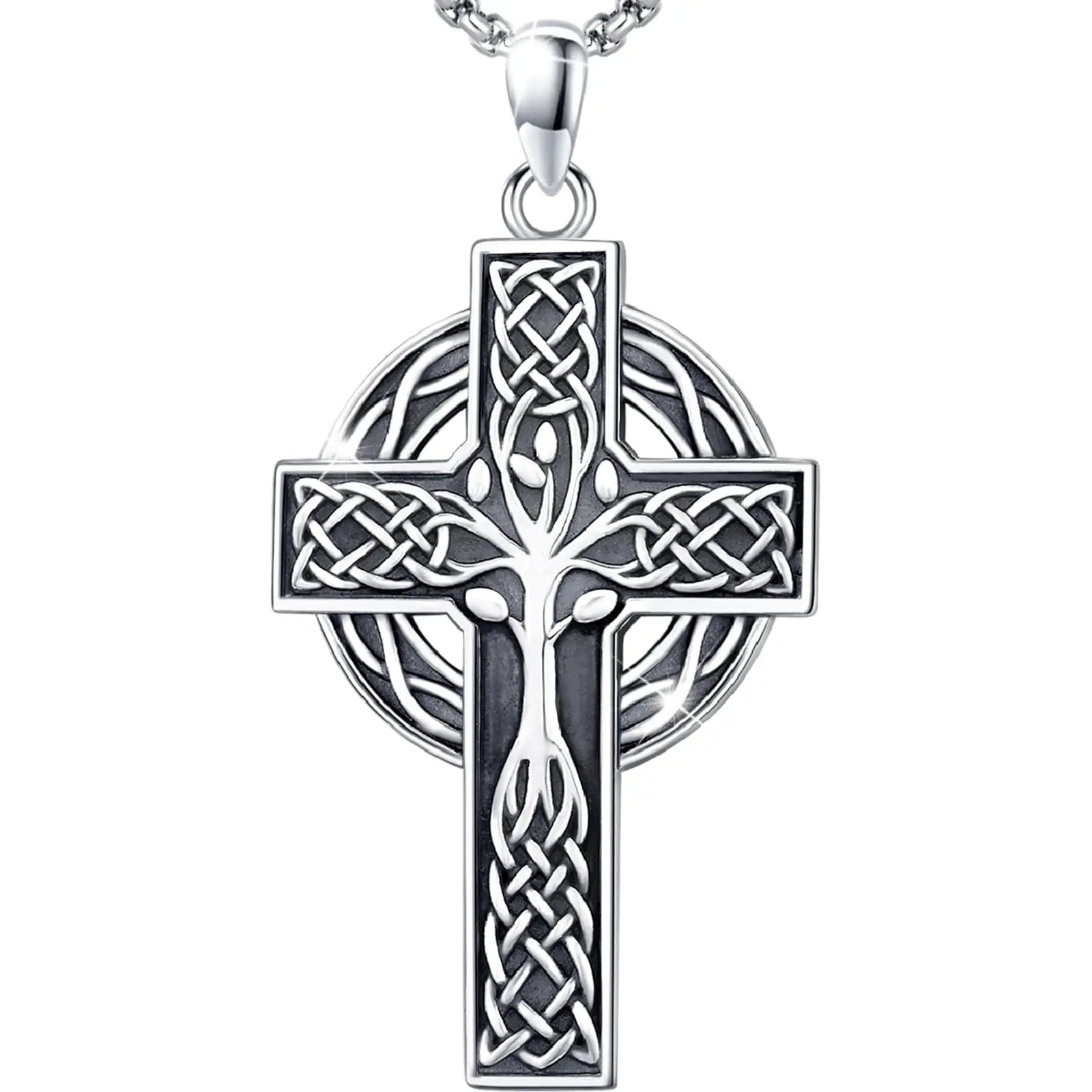 AUDINCEED S925 Celtic Cross Necklace Tree of Life 925 Sterling Silver Pendant Necklace Yggdrasil Design Viking Jewelry Protection Charm