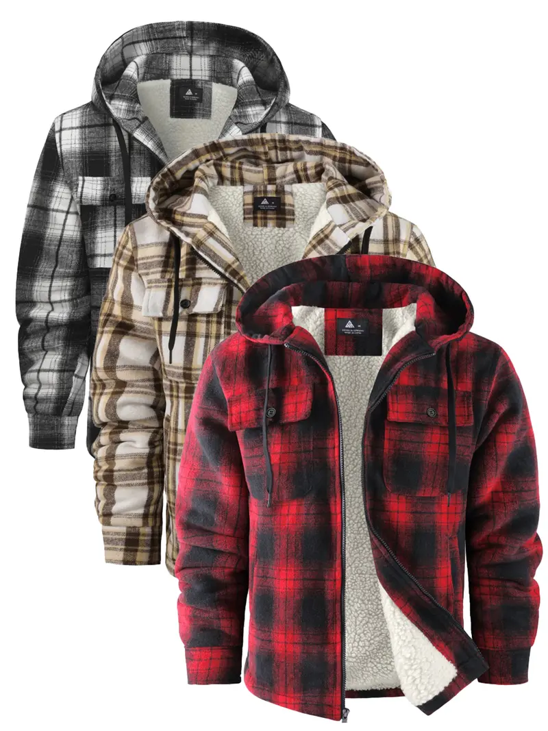 ZITY 3-piece Men's Flannel Hooded Jacket Wool-lined Plaid Shirt Jacket Zip-up Hoodie in Multiple Colors for Casual Outings & Layering
